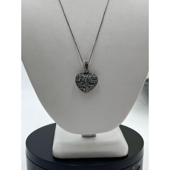 Sterling silver 925K Thai Turquoise‎ Polished Marcasite Heart Pendant Necklace - Picture 2 of 16